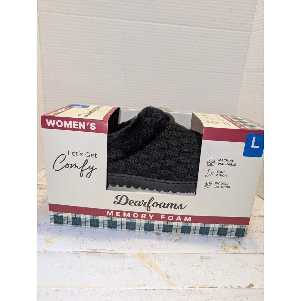 New Dearfoams Womens Large Size 9-10 Memory Foam Indoor Outdoor Slippers Black